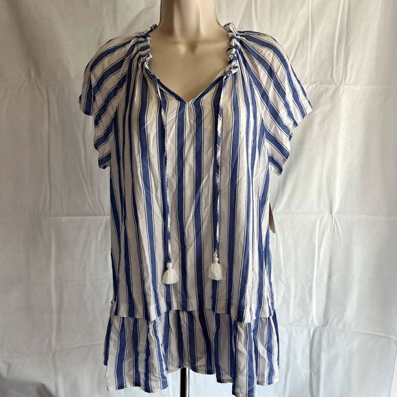 St Johns Bay NWT Blue White Striped Vneck Ruffled Boho Blouse Size Small - Picture 10 of 10